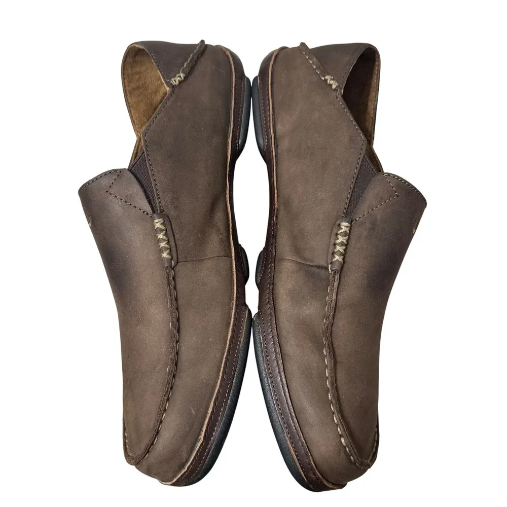 OluKai Moloa Slip On Loafers Mens 14 Dark Wood Brown Good Leather Drop In Heel